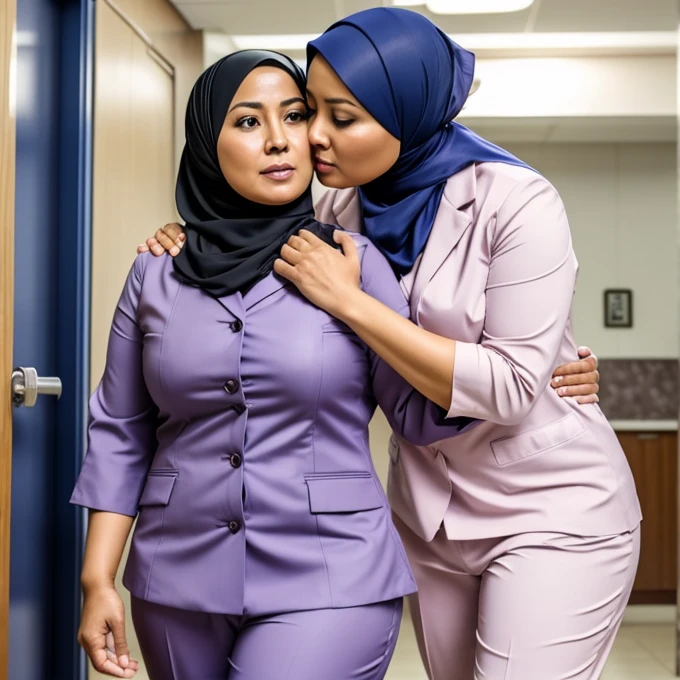 2woman,45 years Old, Hijab Indonesian mature woman, Big  : 12.9, doctor suit,curvy body, full body, sharing lustful kiss, hug and groping bteas, professional shot, at doctor office.
