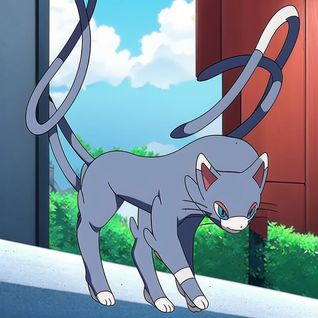 (masterpiece, best quality:1.2),solo,glameow \(pokemon\),pokemon \(creature\),full body,no humans,cat,blue eyes,grey fur,tail,city background