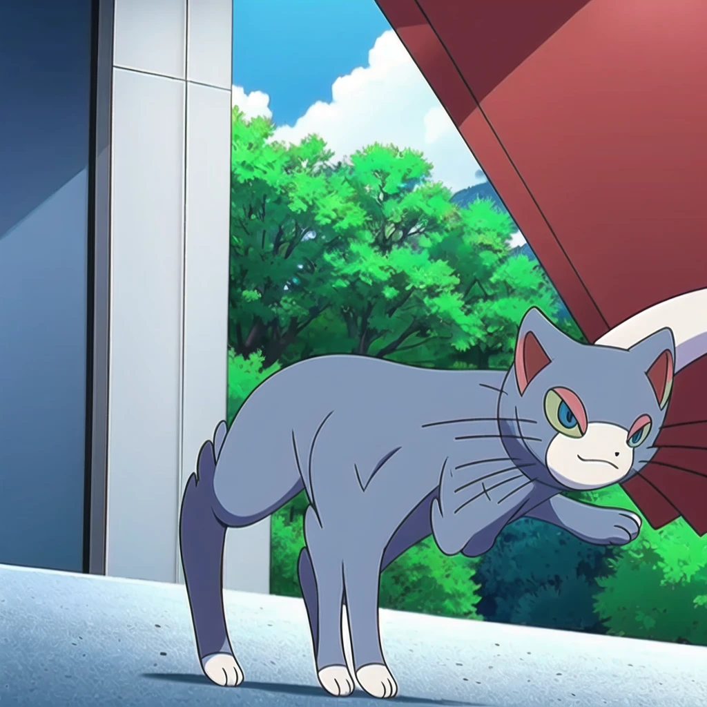 (masterpiece, best quality:1.2),solo,glameow \(pokemon\),pokemon \(creature\),full body,no humans,cat,blue eyes,grey fur,tail,city background