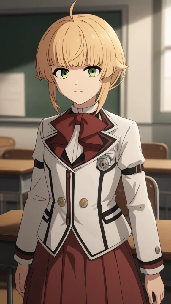 score_9, score_8_superior, score_7_superior, sauce_anime,
Norngreyrat, Norn Greyrat, bangs, Blonde, Green Eyes, Ahoge,
Long sleeve, bow, , Jacket, bowtie, red bow, skirt, red skirt, white Jacket,white lace panties,
indoor, classroom, I had already finished, smile,
alone, Dutch Angle, View your viewers,  ,
break masterpiece ,8k unity wallpaper,anime key visual,highest quality, High resolution,  (shape:0.8),anime coloring,
highly detailed face, detailed eyes,growing eyes,shiny skin,fine skin,white skin,dense skin,detailed hair,highly detailed legs,
perfect lighting, Detailed CG, 
(perfect hands, perfect anatomy),High resolution,
Break slender limbs, delicate curves, dainty hands,figure:0.8,