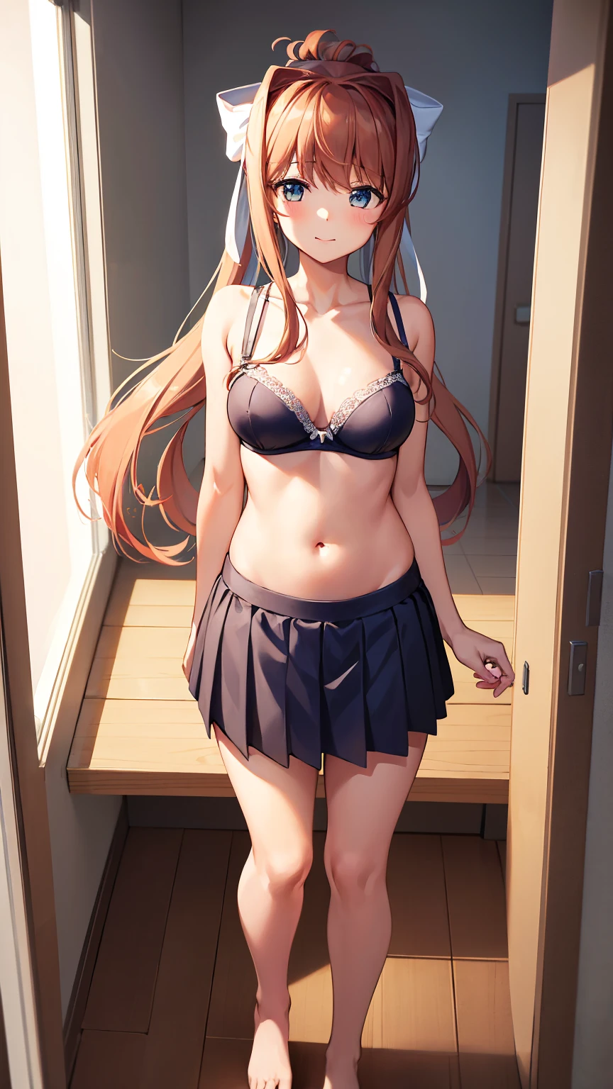1girl, solo, small breast ((monika from doki doki literature club)) mouth closed, happy, in the classroom alone, detailed light, , full body view young, young body, belly showing, bra showing,