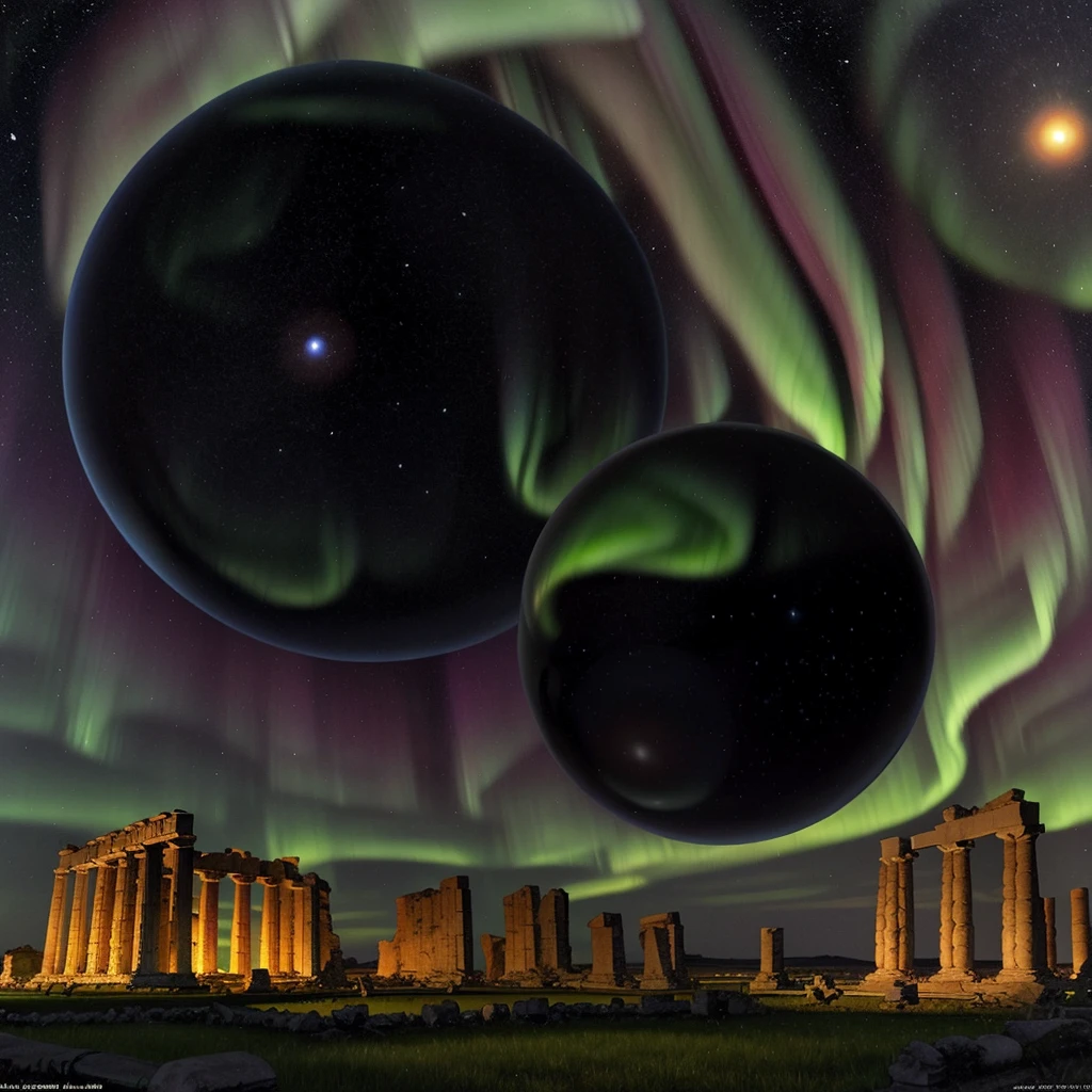 Science magazine illustrations from the 1980s.
3d Art from 90s.There is an aurora in the dark night sky. A mirrored sphere exists in the center of the screen. Many airships are flying in the sky. There are Greek ruins.