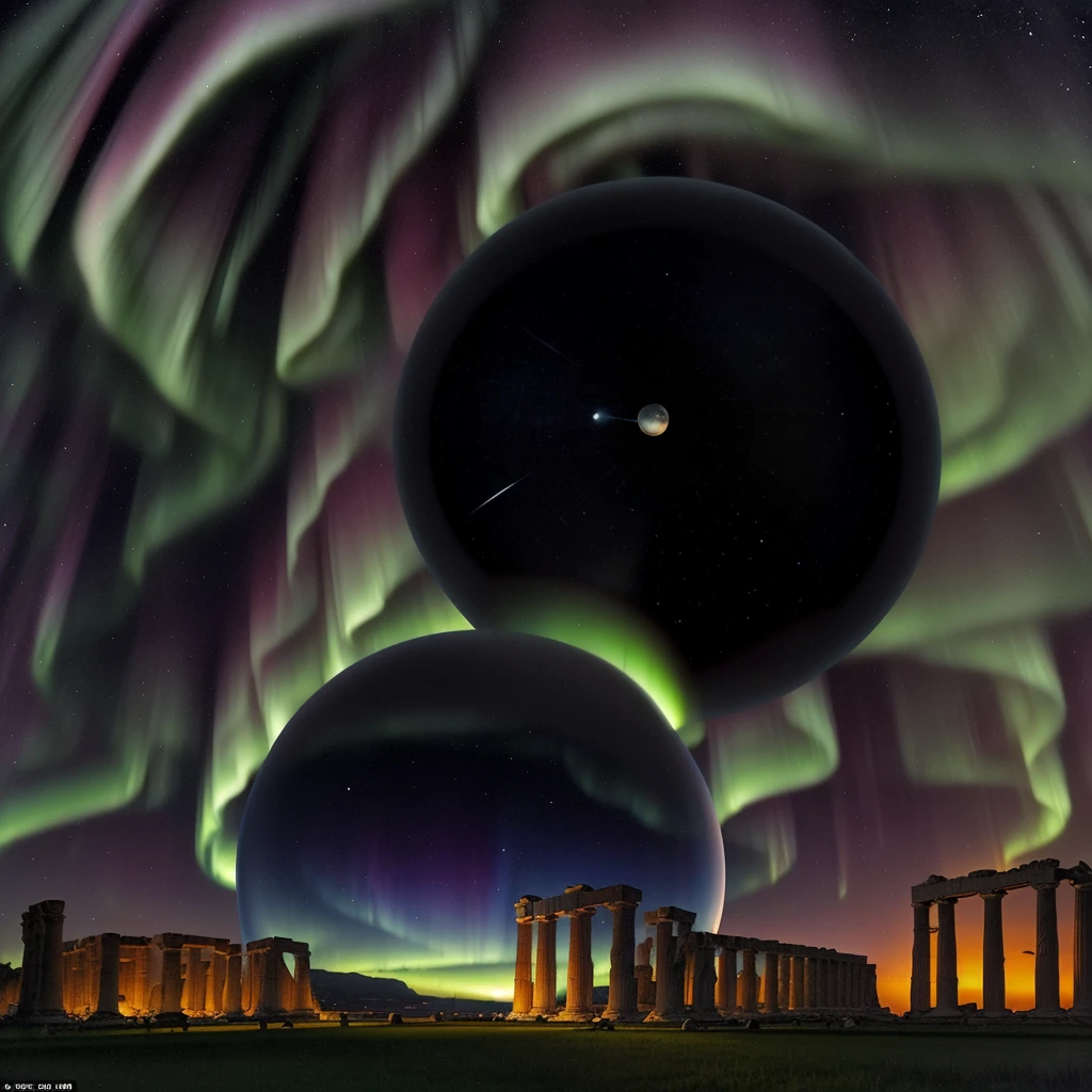 Science magazine illustrations from the 1980s.
3d Art from 90s.There is an aurora in the dark night sky. A mirrored sphere exists in the center of the screen. Many airships are flying in the sky. There are Greek ruins.