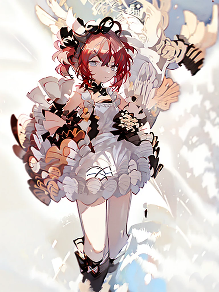 A girl，Standing picture，whole body，Character Design，Red Hair，Bow ruffles，apple