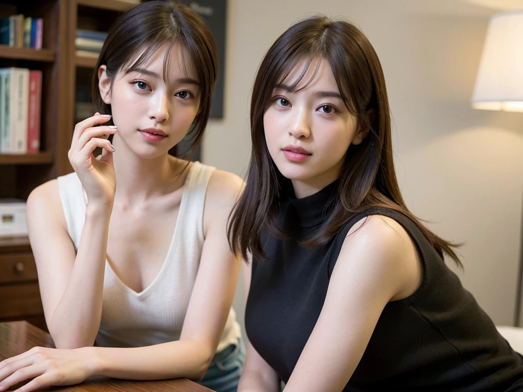 (Sleeveless:1.3) beautiful, thin, Fair Arms Pureeros (super highest quality:1.3) (Very realistic, Realistic:1.3), (Sharp focus:1.3) Pure (Sharp focus:1.3) Wide background々Luxurious living room Bookshelf 3D Beautiful gradients A happy and kind smile Very high quality and stylish See-through bangs Elegant and intelligent Clean and stylish Excellent Education Women's Fashion Magazine model (Realistic and very high quality:1.3). (High resolution/High resolution:1.3) Tabletop, Very delicate and beautiful, Soft Light, (Brown Hair, Shoulder-length straight bob hair) Beautiful detailed girls, Highly detailed eyes and face, beautifully detailed nose, thin and beautiful eyes, 1 girl, Japanese, Pureな beauty, cute, young, Very stylish A spring sweater in spring-like colors Very stylish Supported by women Trending Fashion , (Medium Chest), Realistic Face, Realistic body,
