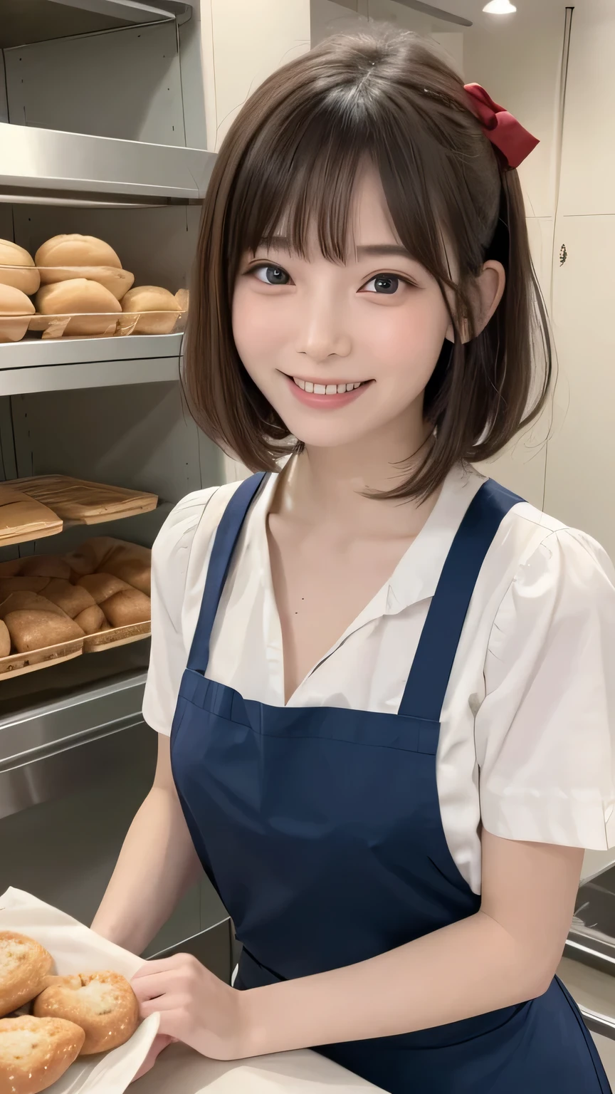 closeup shot , Best picture quality (8K, high resolution, Masterpiece: 1.2), super detailed, 215 Short Hair, 16-year-old woman,
situation: 「Kiki's Delivery Service」A set that recreates a bakery、A scene where she sells bread like Kiki。
clothing: Kiki Cosplay(Black dress、Red ribbon、apron)。Hair tied up in a ribbon like Kiki。
angle: Bakery counter in the background、A wide-angle shot of someone holding bread。The scene where bread is handed to the customer、Close up of smiling face。Capture people immersed in the world of Ghibli characters。
Close-up of face
, random cute pose ,big eyes ,Puffy eyes , Heart Pupil, blush , huge shy smile , salute