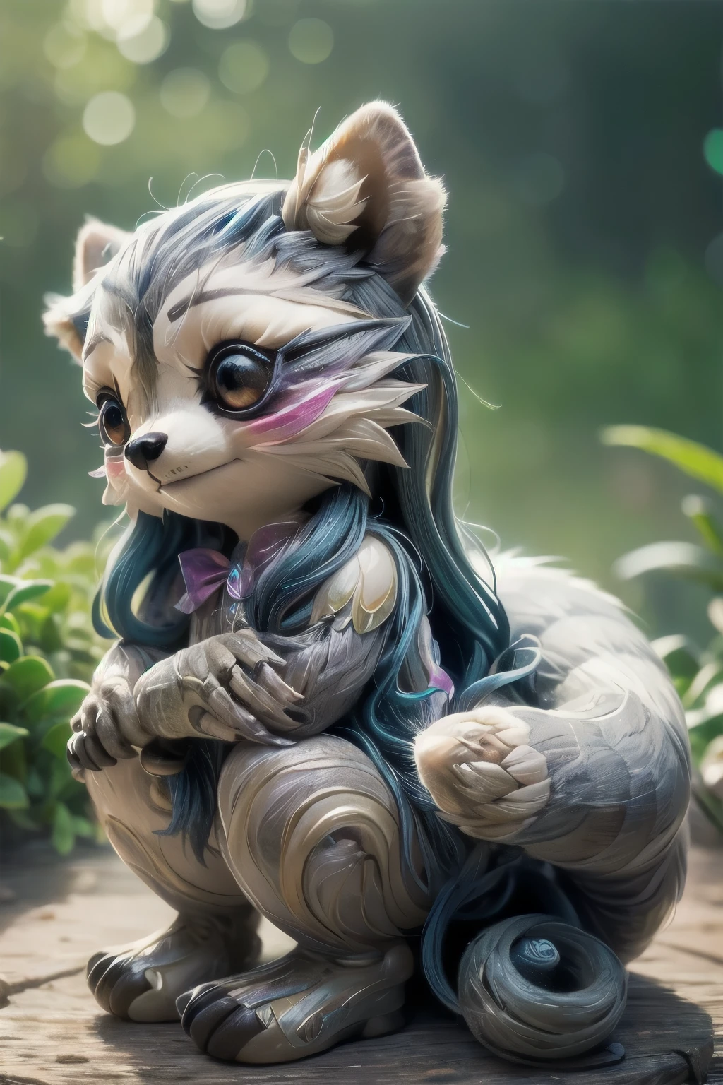 Cute raccoon in a surreal, dreamy fantasy scene、Detailed digital illustration、8K、Very detailed、Very realistic、Photorealistic、Bright colors、Dramatic lighting、Intricate details、Whimsical、magical realism、Soft pastel tones、Shine、Ethereal、Mysterious、Mysterious、Imaginative、Conceptual