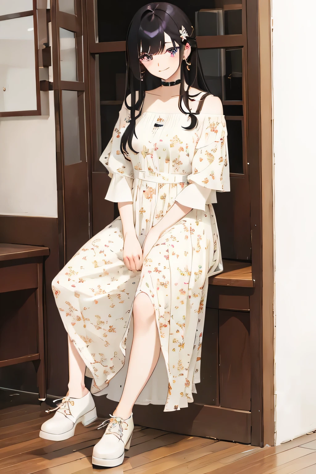 1 girl, anime style photo of suhuu suhas, anime girl with long black hair, purple eyes, slick back hair, bangs, smiling expression, doodle background, white floral dress, white shoes, full body shot, sitting , choker around neck