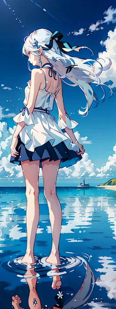 Illustrated style、Girl under the blue sky、18-year-old、Blue sky reflected in the sea、refreshing、White long-haired girl、Back view、White top、Black Skirt、barefoot、Skirts above the knee、Pale skin