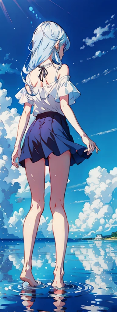 Illustrated style、Girl under the blue sky、18-year-old、Blue sky reflected in the sea、refreshing、White long-haired girl、Back view、White top、Black Skirt、barefoot、Skirts above the knee、Pale skin