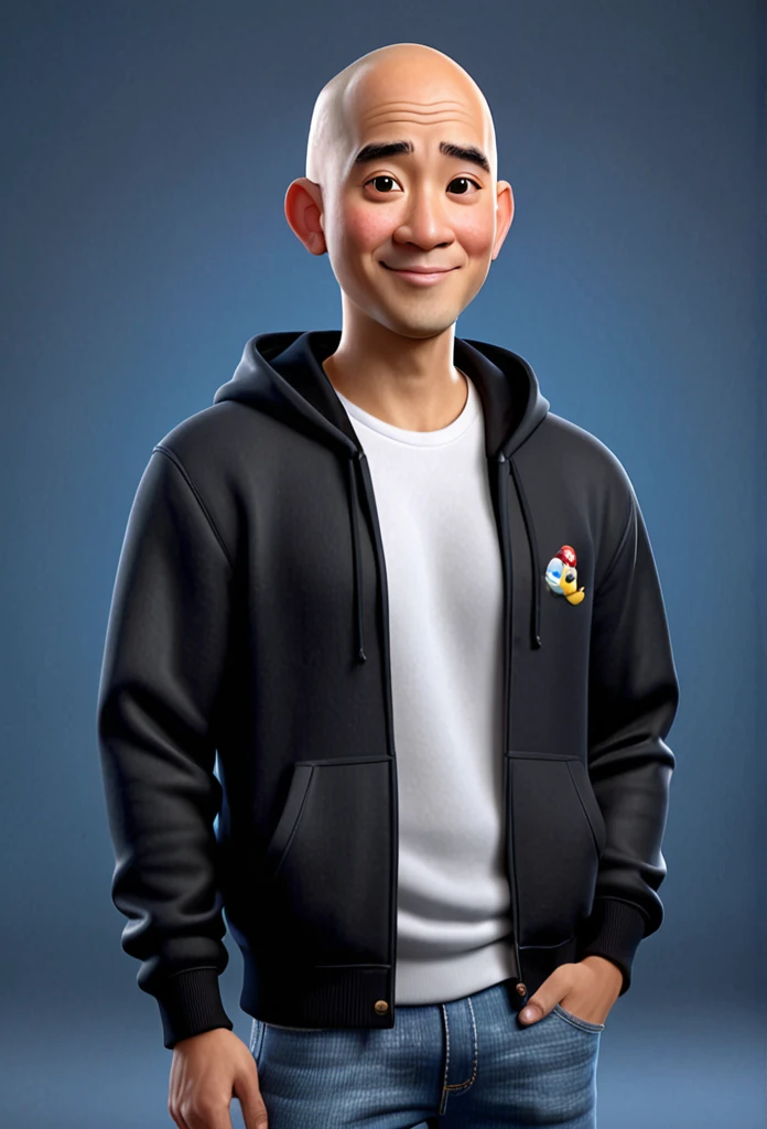 A Indonesian man, wearing black hoodie and blue jeans, slippers, hair style is a little bald, character headshot portrait, 8k portrait rendering, disney rendering, personagem de perto, retrato de personagem em close, Personagem 3D realistic, caricature, personagem estilizado, como um personagem da Pixar, personagem altamente detalhado, Personagem 3D, personagem 3d, estilo de personagem da Disney, close do retrato do personagem, personagem masculino.