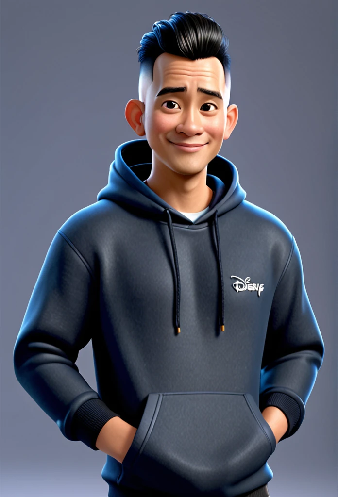 A Indonesian man, wearing black hoodie and blue jeans, slippers, hair style is a little bald, character headshot portrait, 8k portrait rendering, disney rendering, personagem de perto, retrato de personagem em close, Personagem 3D realistic, caricature, personagem estilizado, como um personagem da Pixar, personagem altamente detalhado, Personagem 3D, personagem 3d, estilo de personagem da Disney, close do retrato do personagem, personagem masculino.