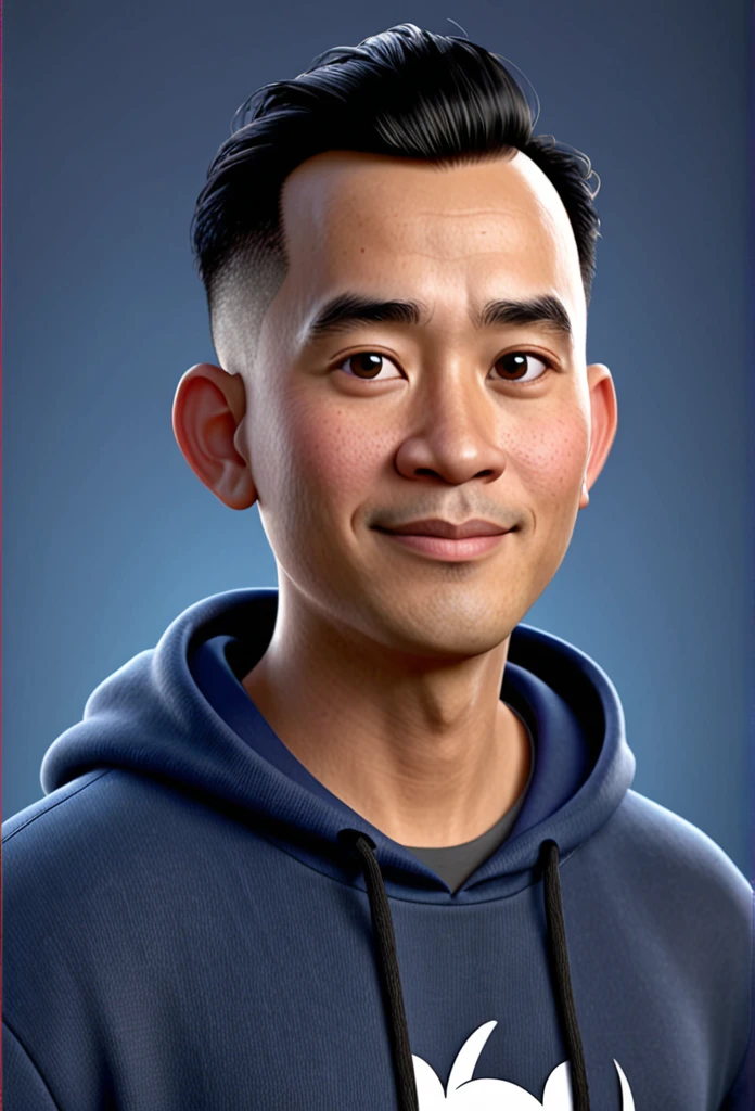 A Indonesian man, wearing black hoodie and blue jeans, slippers, hair style is a little bald, character headshot portrait, 8k portrait rendering, disney rendering, personagem de perto, retrato de personagem em close, Personagem 3D realistic, caricature, personagem estilizado, como um personagem da Pixar, personagem altamente detalhado, Personagem 3D, personagem 3d, estilo de personagem da Disney, close do retrato do personagem, personagem masculino.