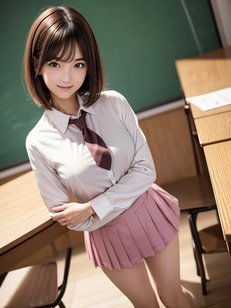 8K, Highest quality, The real picture, Intricate details, Very detailed, Ultra-high resolution, Depth Field,(Realistic,Realistic:1.2),Tabletop , ((Full Body Shot)) , ((Long, slender legs)), 1 girl, eye_Chan, Very beautiful 17 year old girl, innocent big eyes,、Beautiful breasts:1.5、非常に詳細なeye:1.2)、(Beautiful breasts:1.1)、((Brown Hair))、(Short Bob Hair), Asymmetrical bangs, Perfect Skin, Fair skin, Small breasts, Tight waist, alone, Staring at the audience, (smile)、((School_uniform), (White shirt、Wear a tie), (Pink checkered pleated micro mini skirt), ((Fold your arms in front of your chest and act arrogantly)), ((楽しそうなsmile)), ((Perfect hand shape)), (Stand in the classroom)