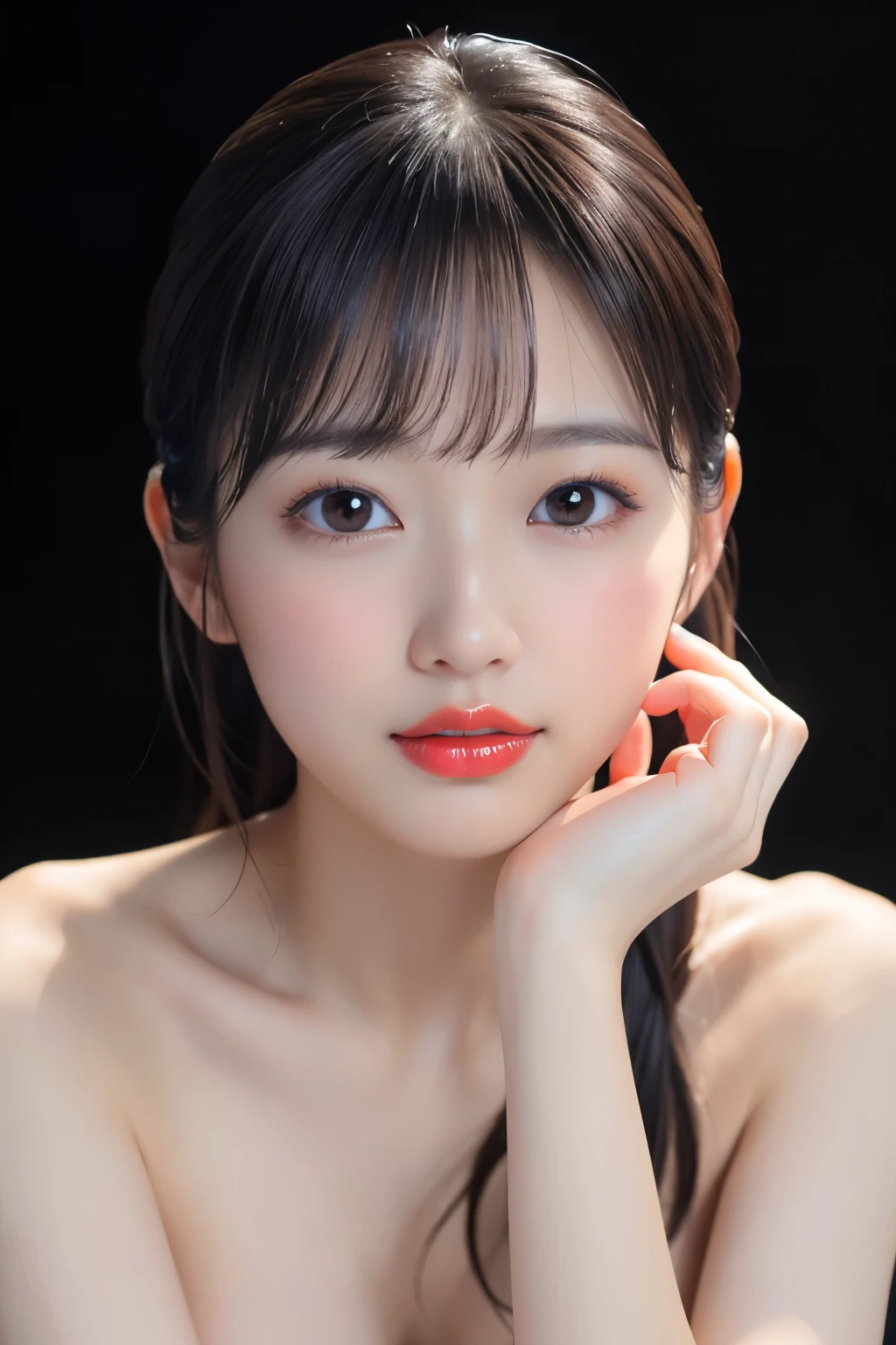 (Highest quality、Tabletop、8k、Best image quality、Award-winning works)、Cute beauty、(naked:1.6)、(nude:1.4)、(The simplest pure black background:1.5)、(Face close-up:1.7)、Beautiful and exquisite、Expressionless、(look straight at me:1.1)、(stand upright facing forward:1.1)、(Perfect Makeup:1.1)、(Bright lipstick:1.1)、Ultra-high definition beauty face、Ultra HD Hair、Ultra HD Shining Eyes、(Closed lips:1.1)、Ultra-high quality, vibrant and glossy lip color、Accurate anatomy、Very beautiful skin、Ultra high resolution and beautiful, Glowing Skin、An elegant upright posture when viewed from the front