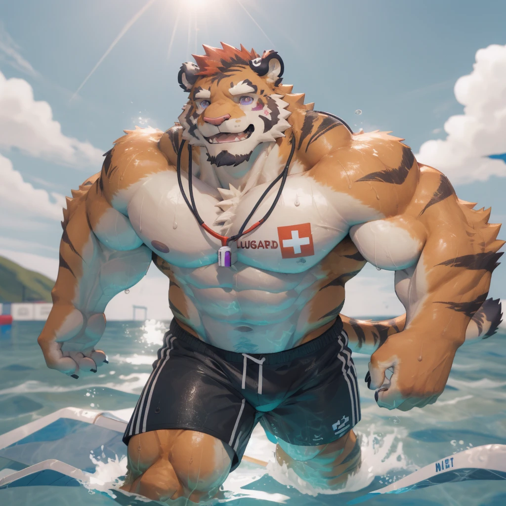 masterpiece, best quality, 8k resolution, Very detailed, hairy,tiger,((red hair)),muscle,Strong,超大muscle,((Sweating)),(((Purple Eyes))),For the audience,(((Lifeguard))),portrait,(((Shirtless))),(Highest quality scene),(((shorts))),(((Nautical Mile))),(((smiling))),(((Hip bulge))),(((Ultra clear eyes)),(((Blushing))),((Solitary)),((whole body)),(((Sunlight))),(((Swimming style))),((Mature)),(((Uncle))),(((Orange fur)))