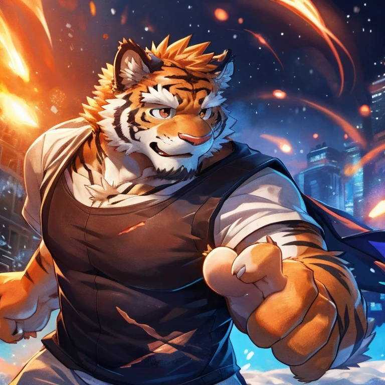 human nature, Beast Domain, male,18 years old, solitary, ((Round Face, The face is plump,Orange eyes,Thick orange hair,With scars)), ((Endomorph, Handsome,Hot Blood)), (Sportswear), ((domestic tiger, tiger,) Fluffy fur, Fluffy), Bokeh, (high quality, high resolution, masterpiece), (Dynamic Lighting, Vibrant colors), (Revitalize), Full body picture (close up), cartoon, author:Takemoto Arashi, From zixiong, By Chunni, author:Empty Ghost,(background:Snowy cities)