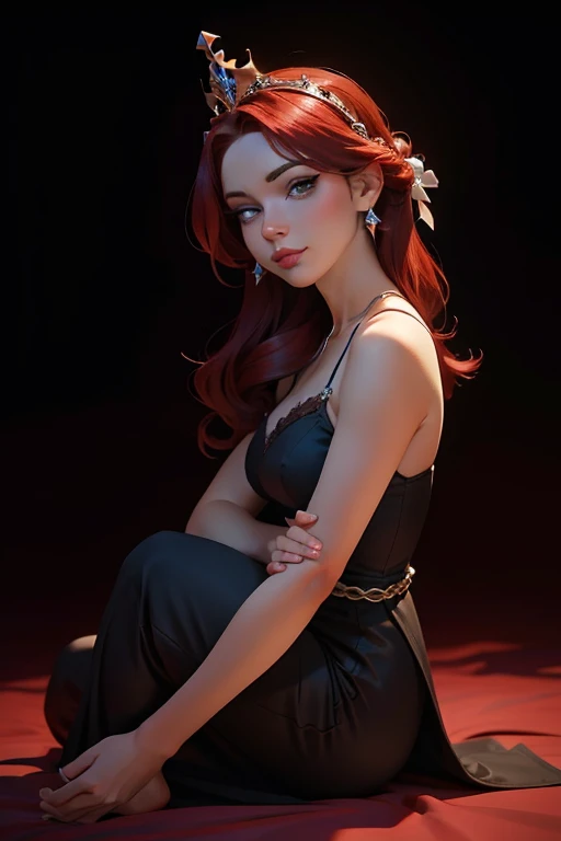 Princesa das trevas com os olhos de sangue, red hair, crown, evil smile, anime style, lens flare, high detail, first-person view, cinematic lighting, masterpiece, super detail, best quality, 8k, UHD((Full body closeup,)) gloomy black castle setting, Sensual and arrogant princess sensual position 