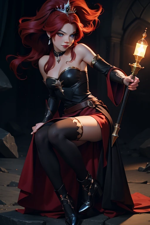 Princesa das trevas com os olhos de sangue, red hair, crown, evil smile, anime style, lens flare, high detail, first-person view, cinematic lighting, masterpiece, super detail, best quality, 8k, UHD((Full body closeup,)) gloomy black castle setting, Sensual and arrogant princess sensual position 