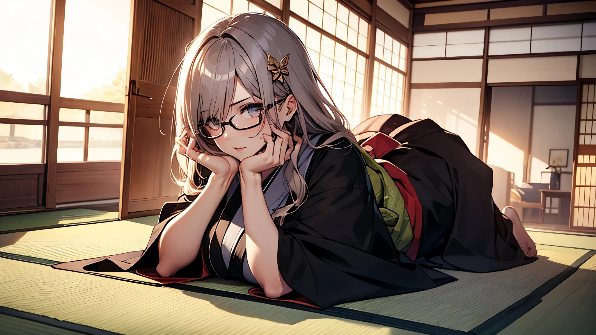(1girl:1.3), Masterpiece, Best quality, amazing beauty, [[3D]], 4K, absurdres, finely detail, super detailed eye, perfect anatomy, official art, cinematic lighting, BREAK, (Japanese-style room, tatami, futon
,mattress, pillow:1.3), silky long hair, parted bang, gold hair, super shiny detailed black eye, big eyes, sparkle(in the eyes), thick eyebrow, close-mouth, plump lips, Mascara, False eyelashes, red lips, hairpin, Looks like fun, BREAK , huge breasts, tall, medium, wheat skin, , BREAK , traditional Japanese setting, young woman in a colorful kimono, She is lying face down on the futon, She put her hands on her knees, gazing at the scenic view, serene atmosphere, natural lighting, high detail, BREAK,(kimono:1.3),glasses 