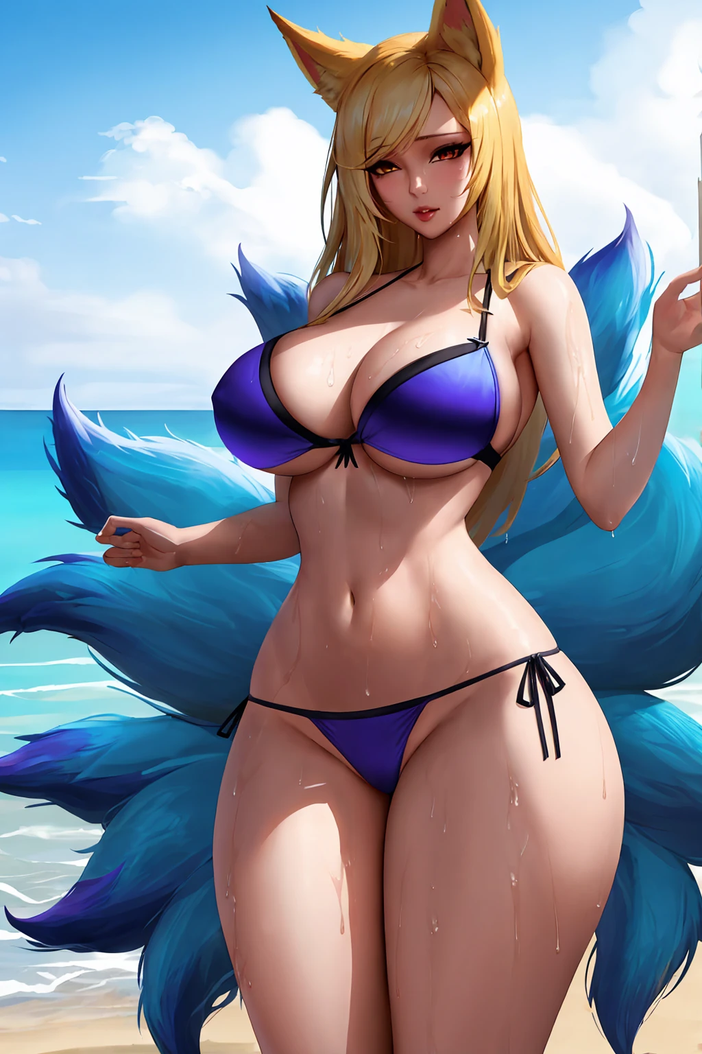 Ahri, lingerie, thin bikini, league of legends, Kda, kda Ahri, thick thighs, posing, beach, fox Ears, blonde Hair, busty, wide hips, big breasts , naughty, solo, wet, 