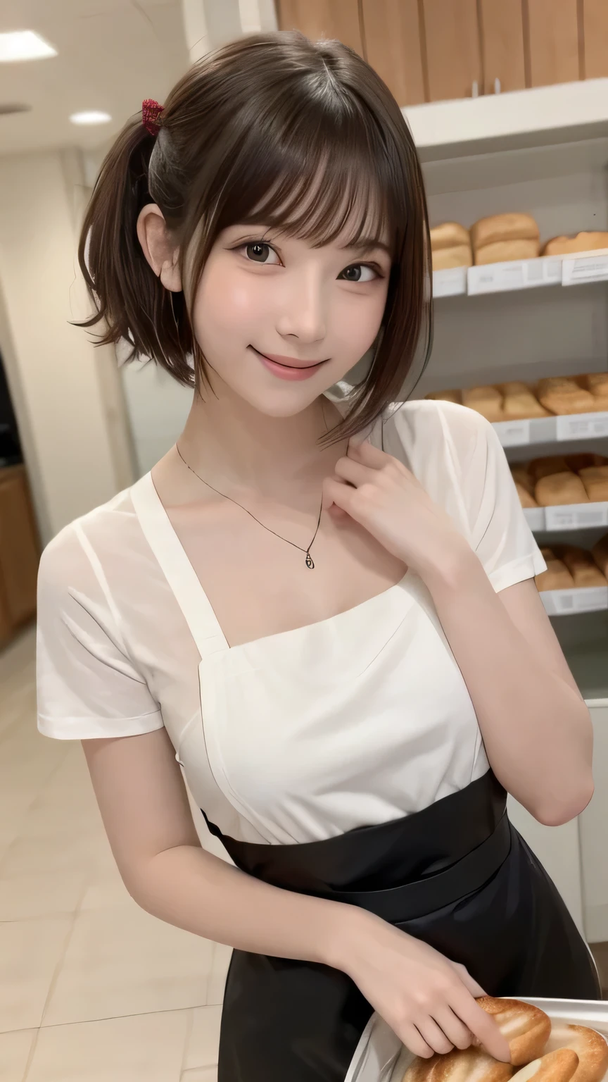 closeup shot , Best picture quality (8K, high resolution, Masterpiece: 1.2), super detailed, 215 Short Hair, -yeld wo,
situation: 「Kiki's Delivery Service」A set that recreates a bakery、A scene where she sells bread like Kiki。
clothing: Kiki Cosplay(Black dress、Red ribbon、apron)。Hair tied up in a ribbon like Kiki。
angle: Bakery counter in the background、A wide-angle shot of someone holding bread。The scene where bread is handed to the customer、Close up of smiling face。Capture people immersed in the world of Ghibli characters。
Close-up of face
, random cute pose ,big eyes ,Puffy eyes , Heart Pupil, blush , huge shy smile , salute