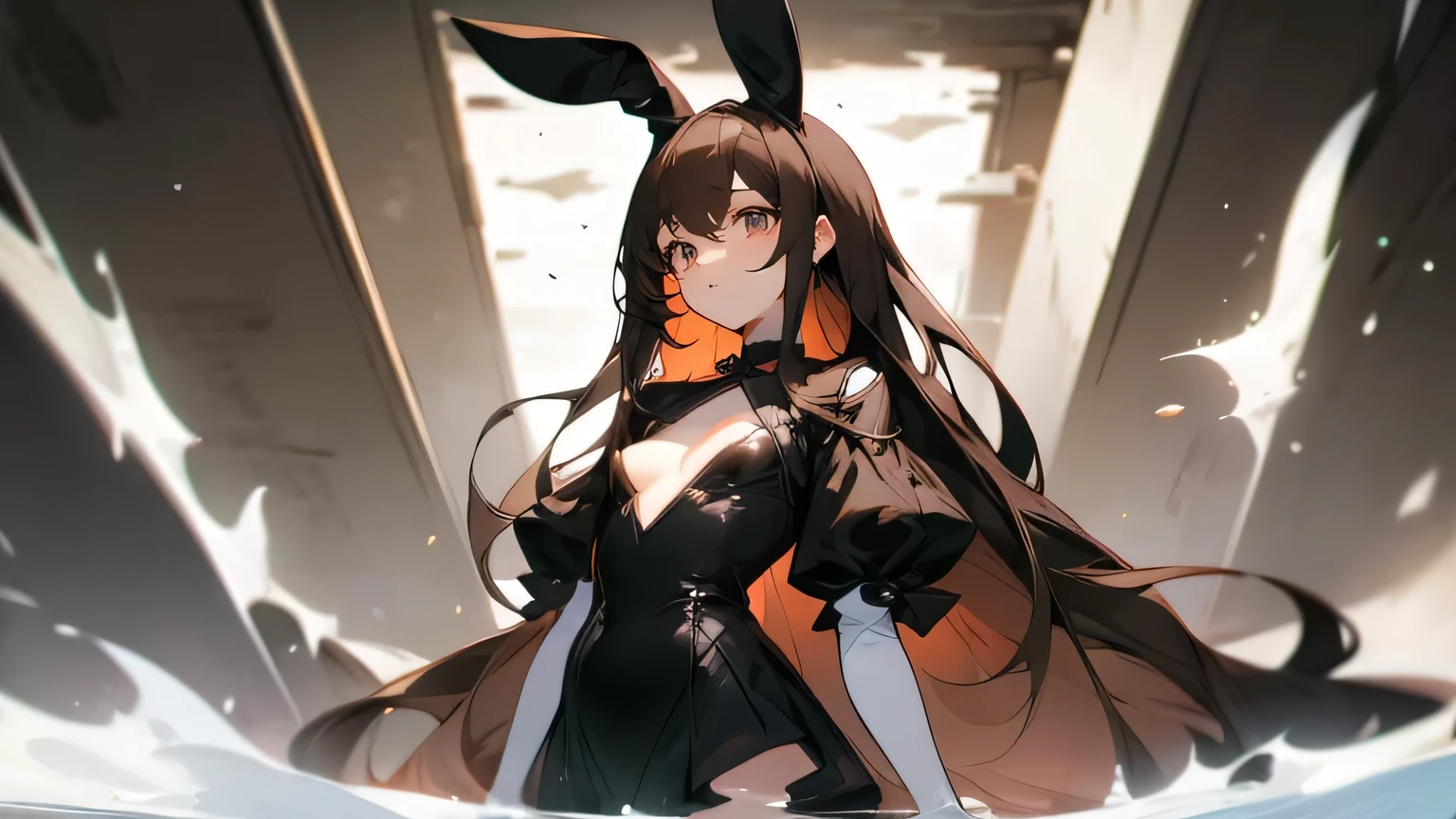 Black bunny girl costume、Scenery of Enoshima、(masterpiece, Best Quality, Ultra-high resolution),Small breasts、Slim Type、Straight Long Hair、Brown Hair、Neat and clean appearance