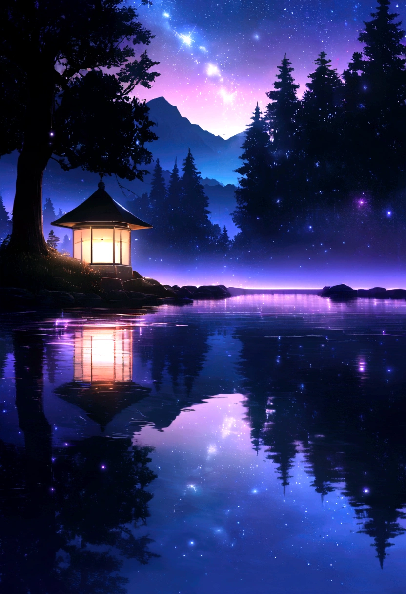 (ultra-detailed,realistic:1.37),night scenery,moonlit,star-filled sky,silhouette of mountains,serene lake,reflection of stars in water,shimmering lights on buildings,soft glow of street lamps,peaceful atmosphere,calm and quiet,night breeze,tranquil mood,subtle shadows and highlights,deep blue and purple tones,hint of mystery,vivid colors,vibrant hues,calm water surface,glistening stars,peaceful cityscape,hazy fog in the distance,majestic trees,gentle ripples on the lake,glowing moonlight,serenity