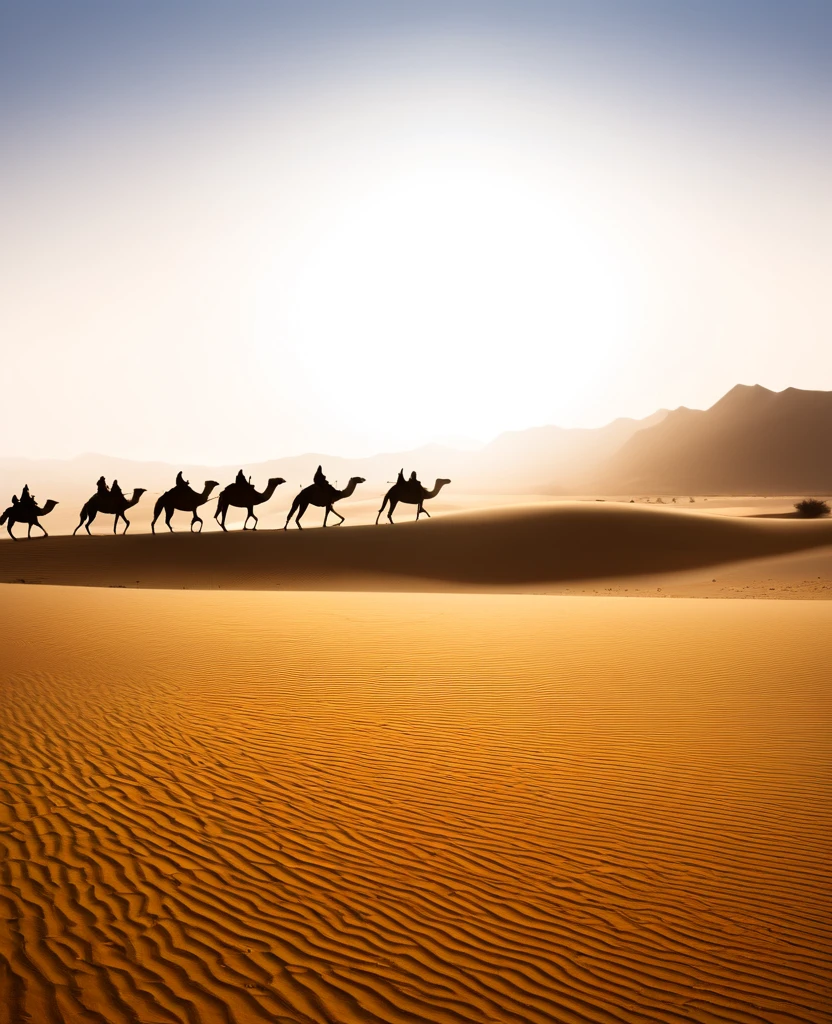 People and Camels in the Desert silhouette