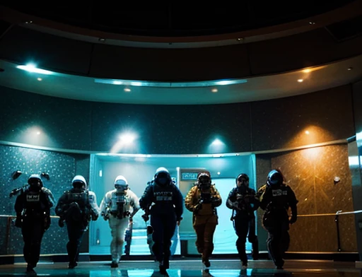 Photograph Close view of the 5 Astronauts arrive at a huge lobby containing a spaceship