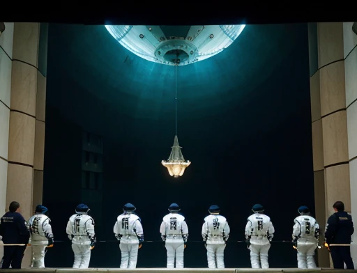 Photograph Close view of the 5 Astronauts arrive at a huge lobby containing a spaceship