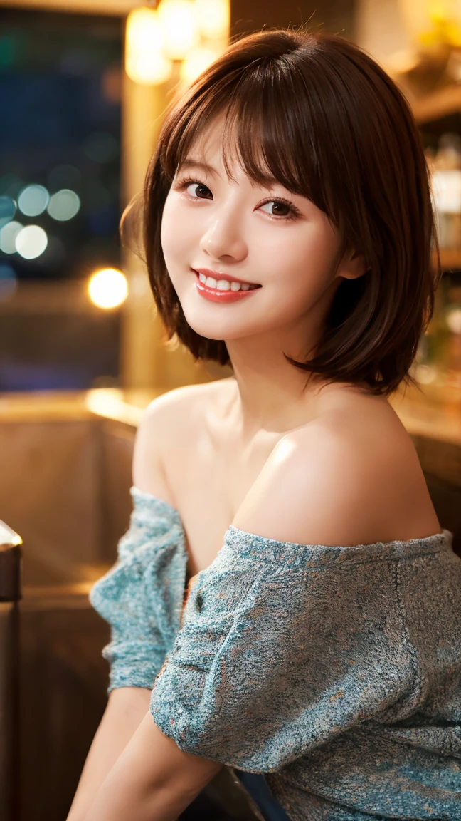 top-quality、ultra-detailliert、masterpiece、realisitic、Photo Real、one girls、(Cute 17 year old girl、small head)、(kawaii:1.2)、huge smile、(Brown hair、Short bob hair)、eyes are brown、perfect glossy skin、((A slender))、((Perfect body))、Gravure Pose、accurate depiction、face perfect、Pink Nightgown、Sheer fabric、(large full breasts:1.12)、鎖骨、The body is frontal、Bright lighting、You can see the night view、Hotel、terraces、Blur the background