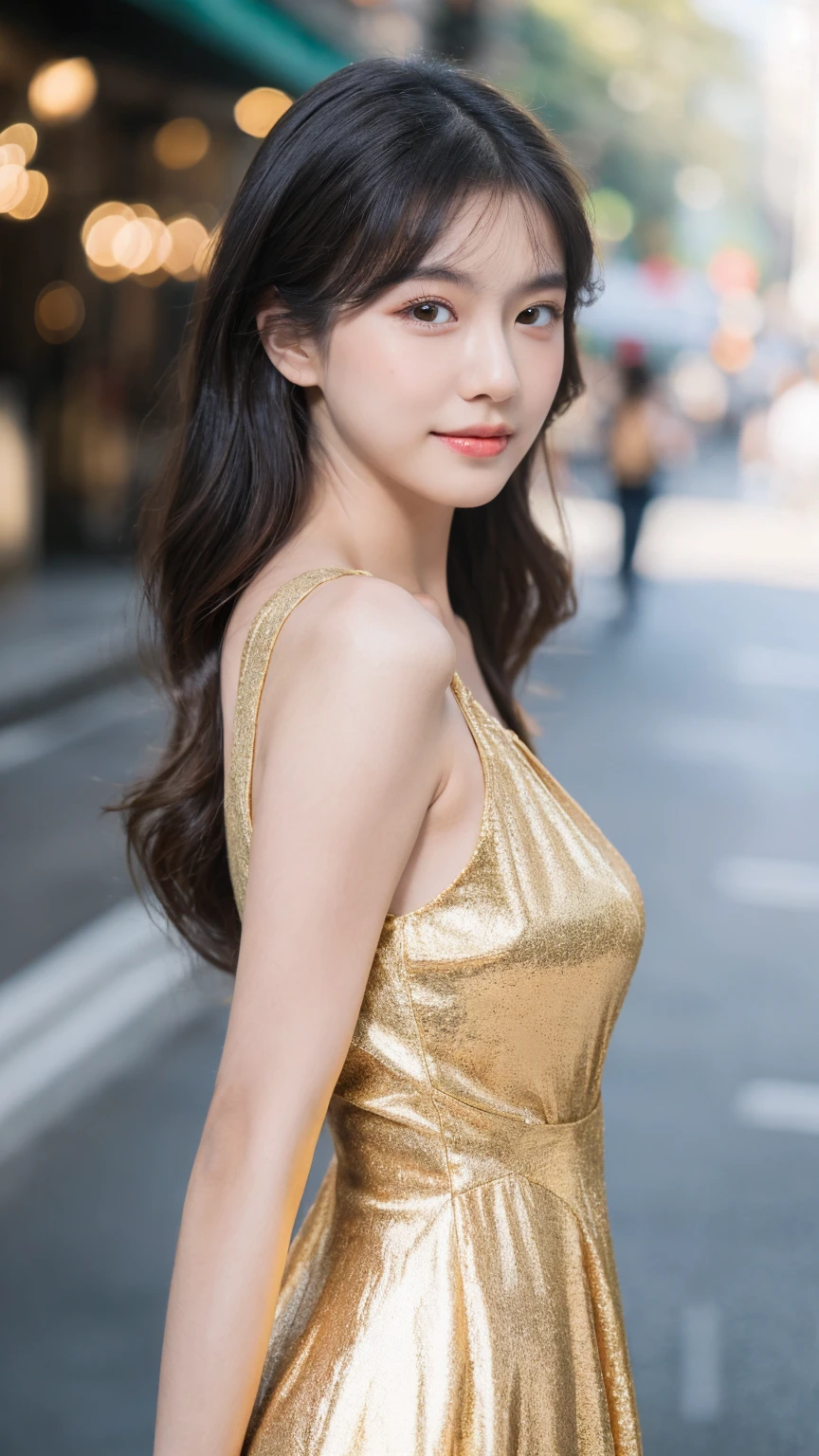 ((Best quality, 8K, masterpiece:1.3)),1girl,18 years old,Asian,Real texture:1.3,(Background blur:1.1),Gorgeous long dress,Tall and slender figure:1.2,(Hot summer weather),(street:1.3),Highly detailed face and skin textures,Exquisite eyes,Long eyelashes,Double eyelids,Skin Whitening,happy,Various postures