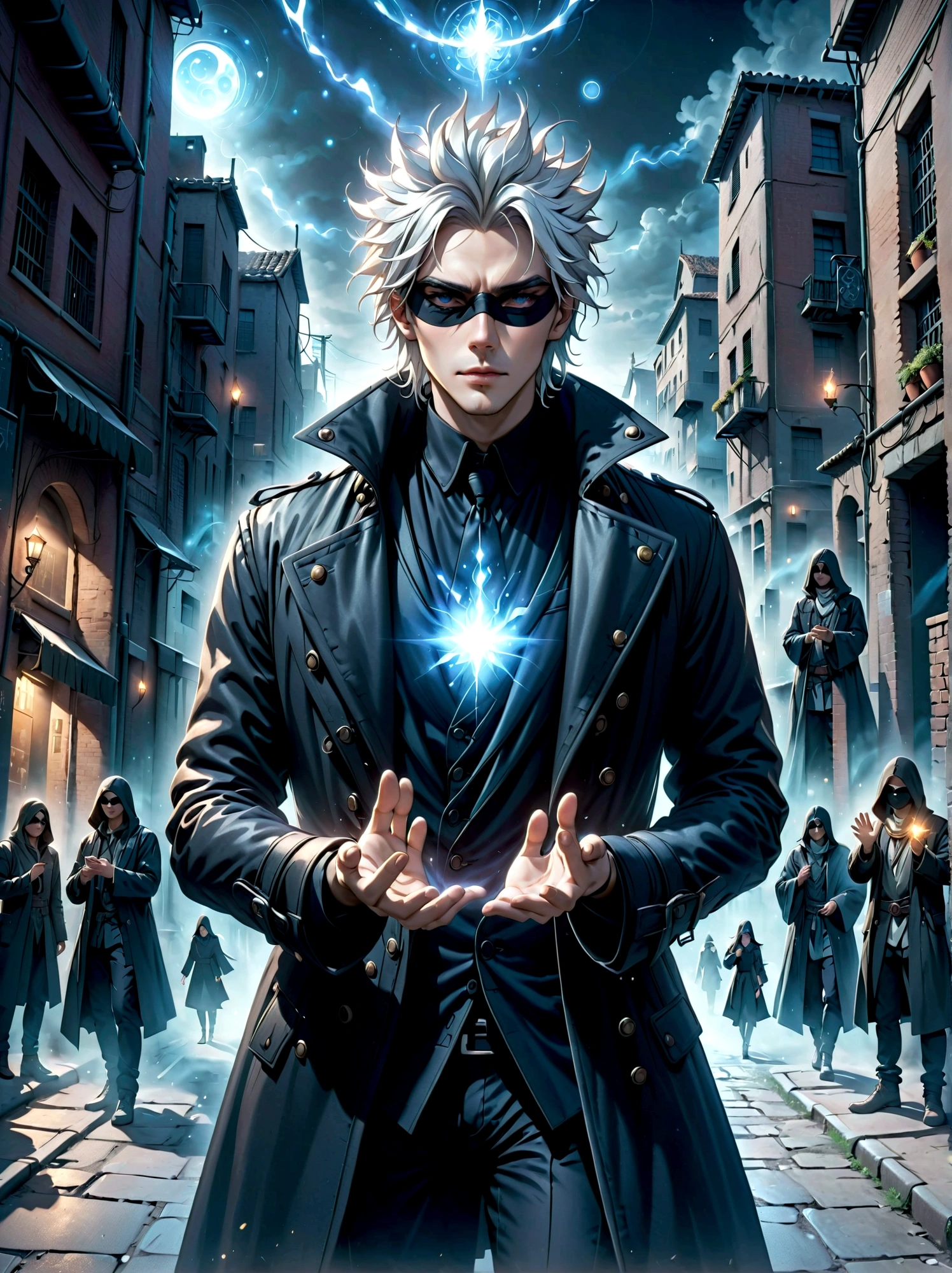 A tall individual with striking white spiky hair, dressed in a black coat. Their eyes are obscured by a blindfold, yet they radiate an aura of power. They perform mystic hand gestures as if to invoke some sort of magic spell. The setting around them is an urban area with a hint of ancient mystical charm.