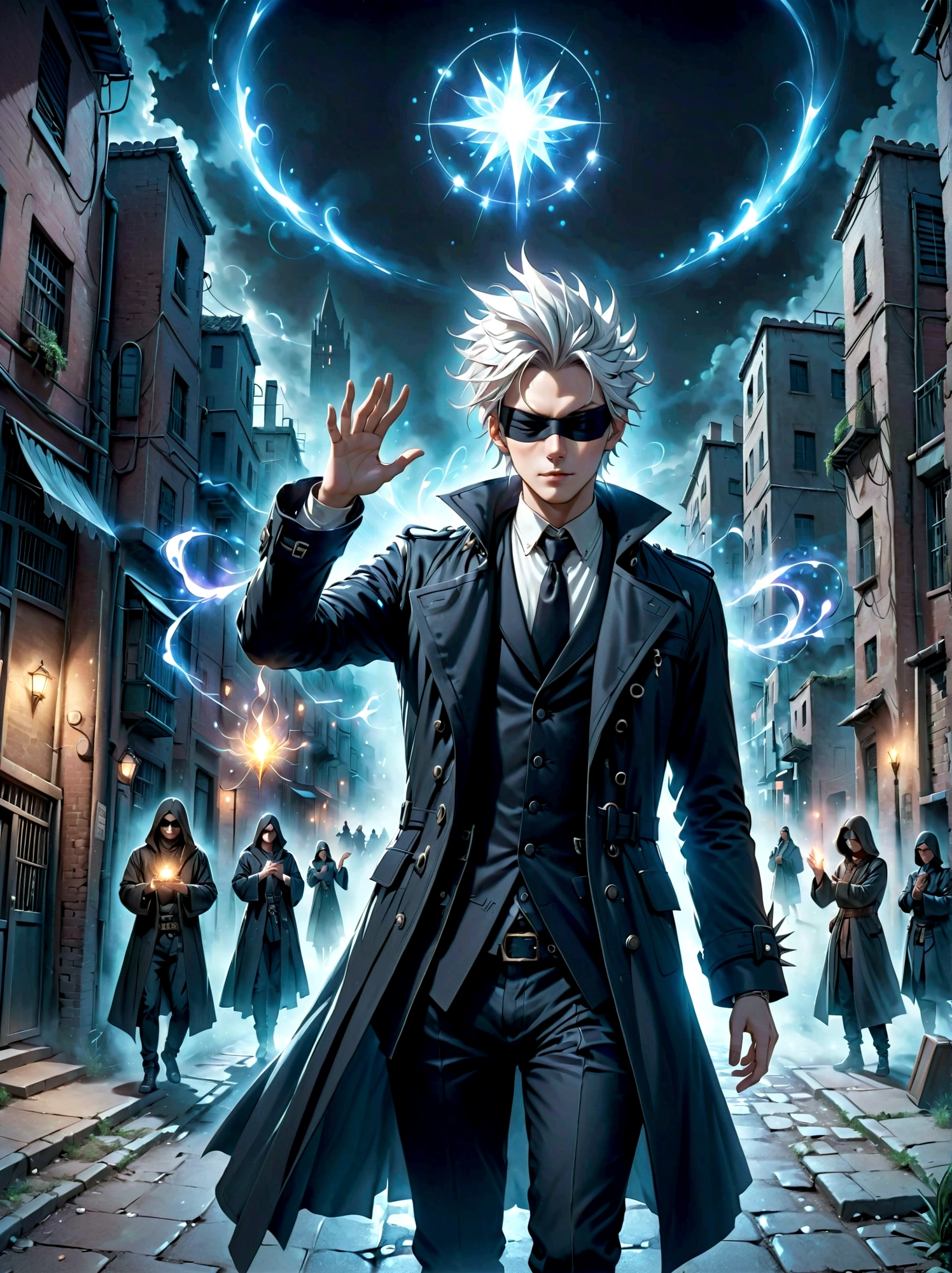 A tall individual with striking white spiky hair, dressed in a black coat. Their eyes are obscured by a blindfold, yet they radiate an aura of power. They perform mystic hand gestures as if to invoke some sort of magic spell. The setting around them is an urban area with a hint of ancient mystical charm.