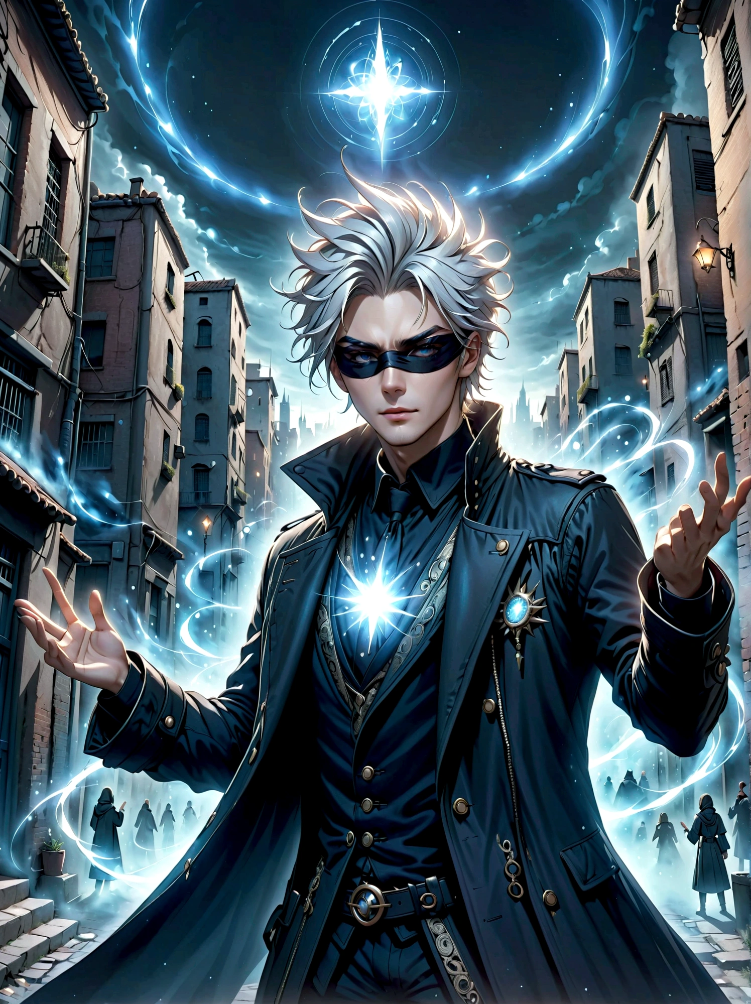 A tall individual with striking white spiky hair, dressed in a black coat. Their eyes are obscured by a blindfold, yet they radiate an aura of power. They perform mystic hand gestures as if to invoke some sort of magic spell. The setting around them is an urban area with a hint of ancient mystical charm.