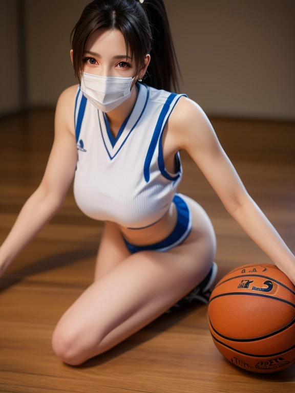 absurdres, RAW photo, extremely delicate and beautiful, masterpiece, Best Quality, ultra high resolution, 16k, hyperrealistic, ultra-detailed, perfect anatomy, Facing the front, super Detailed skin, perfect figure, Very detailed CG 8k wallpaper, in her 20s, very Slim body, narrow waist, very small head, very small face, delicate facial features, tearful mole, mole on chest, earring, thin legs, (very huge round breasts), midriff, (full body shot), 1girl in, Facing the front, akiryo-mai, shiranui mai, parted bangs, mature female, high ponytail, shiny skin, ((basketball uniform)), ((wearing mouth mask)),