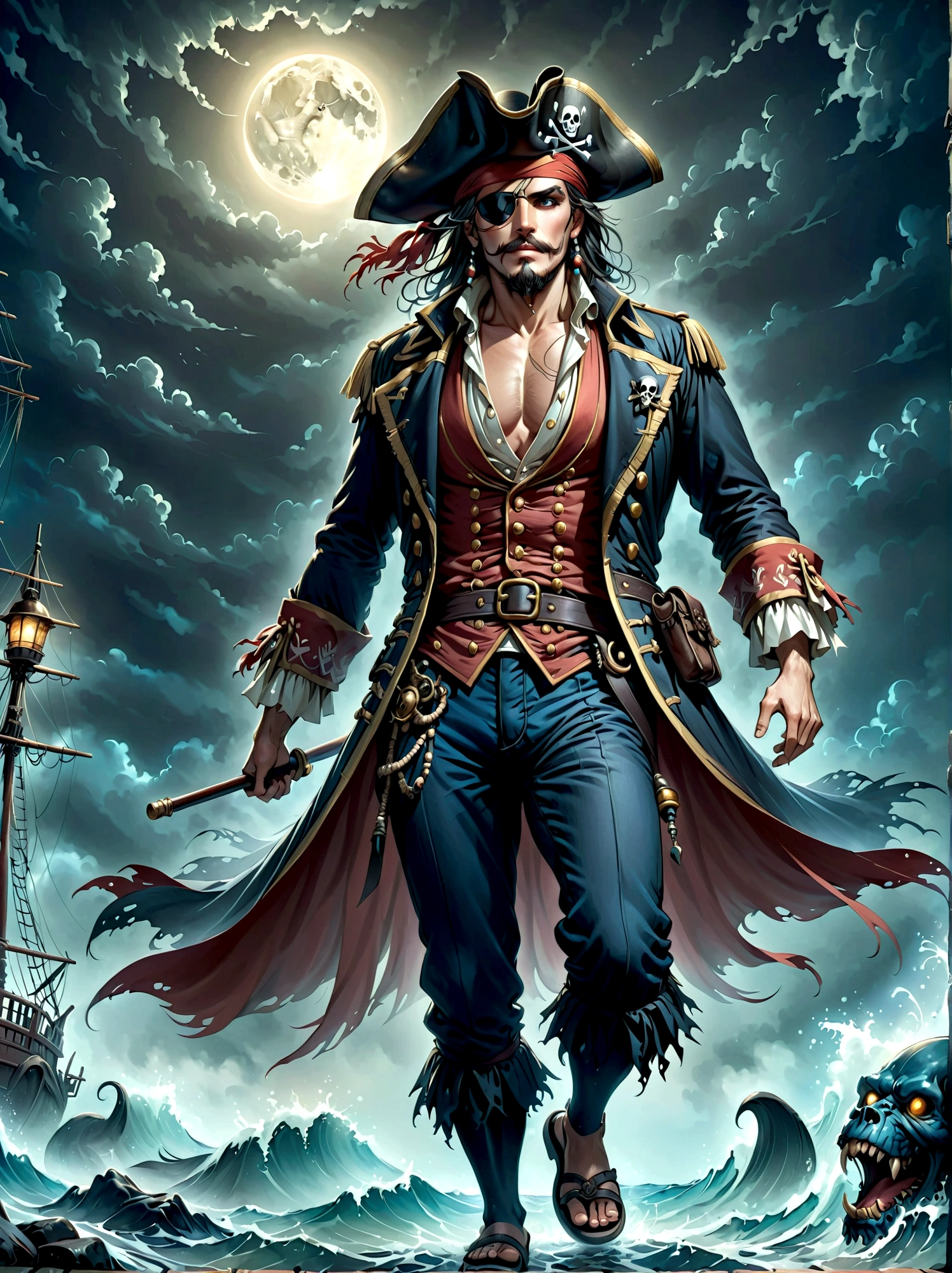 A Pirate Captain with a straw hat who has wide joyous eyes, over expressive facial features, surrounded by gloomy and Gothic atmosphere typical of late 19th century illustrations. The character possesses monstrous strength and has an ability to stretch his limbs extraordinary lengths. His attire consists of a red vest, blue shorts with a yellow sash and black sandals. The style reminiscent of the eerie expressiveness, exaggerated proportions and dark thematic elements, using pencil sketches.