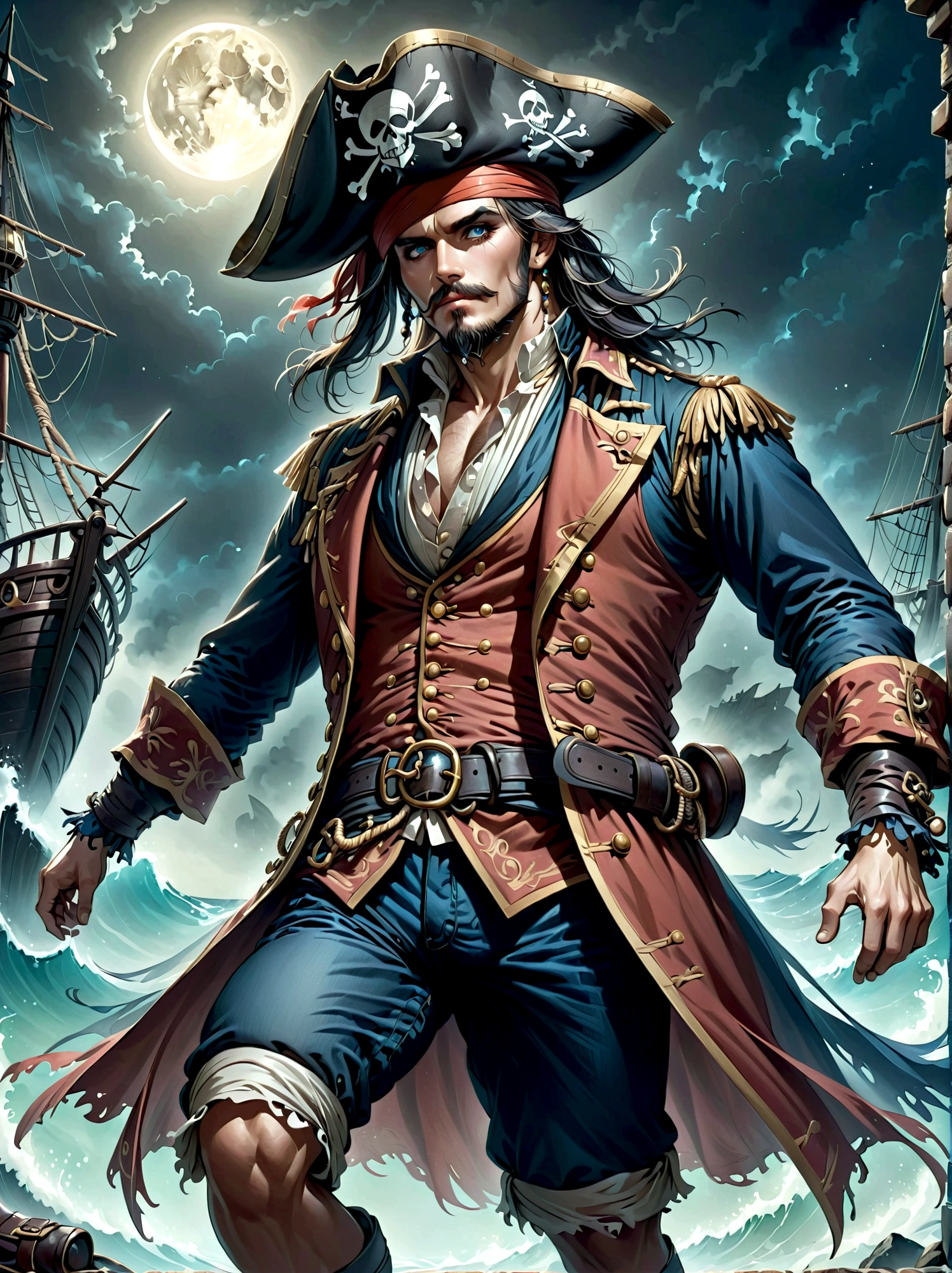 A Pirate Captain with a straw hat who has wide joyous eyes, over expressive facial features, surrounded by gloomy and Gothic atmosphere typical of late 19th century illustrations. The character possesses monstrous strength and has an ability to stretch his limbs extraordinary lengths. His attire consists of a red vest, blue shorts with a yellow sash and black sandals. The style reminiscent of the eerie expressiveness, exaggerated proportions and dark thematic elements, using pencil sketches.