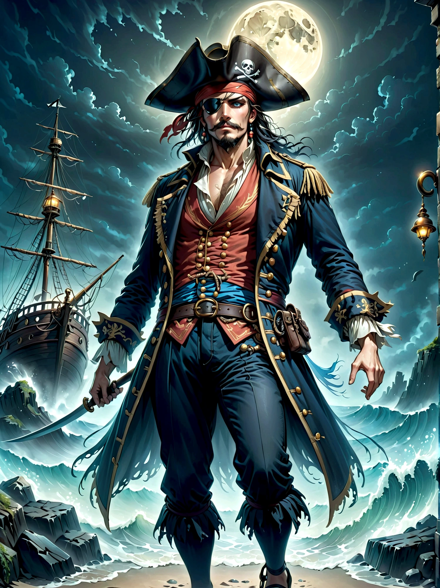 A Pirate Captain with a straw hat who has wide joyous eyes, over expressive facial features, surrounded by gloomy and Gothic atmosphere typical of late 19th century illustrations. The character possesses monstrous strength and has an ability to stretch his limbs extraordinary lengths. His attire consists of a red vest, blue shorts with a yellow sash and black sandals. The style reminiscent of the eerie expressiveness, exaggerated proportions and dark thematic elements, using pencil sketches.