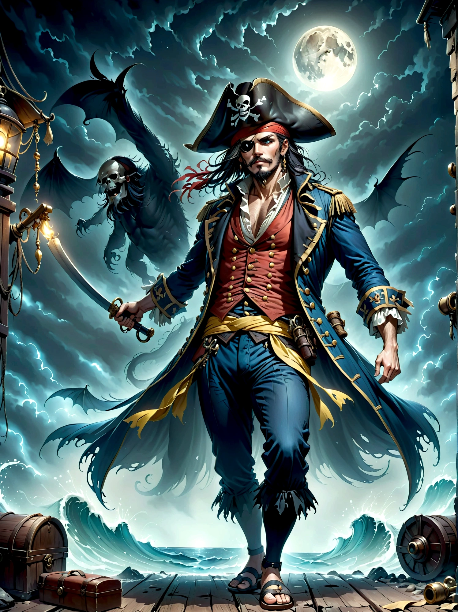 A Pirate Captain with a straw hat who has wide joyous eyes, over expressive facial features, surrounded by gloomy and Gothic atmosphere typical of late 19th century illustrations. The character possesses monstrous strength and has an ability to stretch his limbs extraordinary lengths. His attire consists of a red vest, blue shorts with a yellow sash and black sandals. The style reminiscent of the eerie expressiveness, exaggerated proportions and dark thematic elements, using pencil sketches.