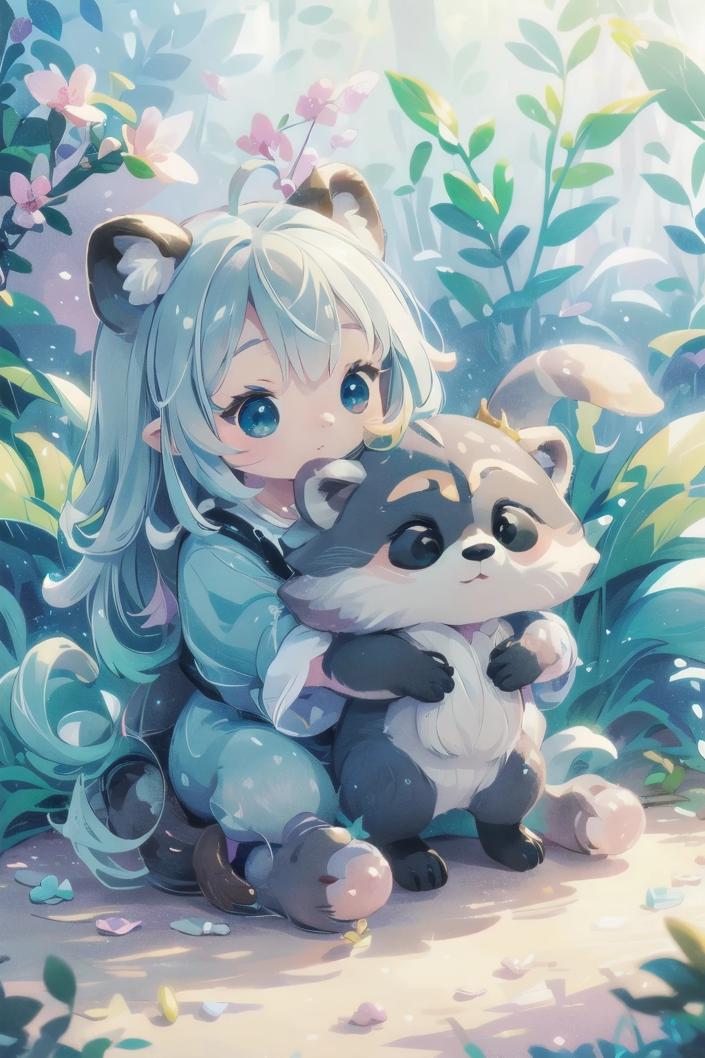 Cute raccoon in a surreal, dreamy fantasy scene、Detailed digital illustration、8K、Very detailed、Very realistic、Photorealistic、Bright colors、Dramatic lighting、Intricate details、Whimsical、magical realism、Soft pastel tones、Shine、Ethereal、Mysterious、Mysterious、Imaginative、Conceptual