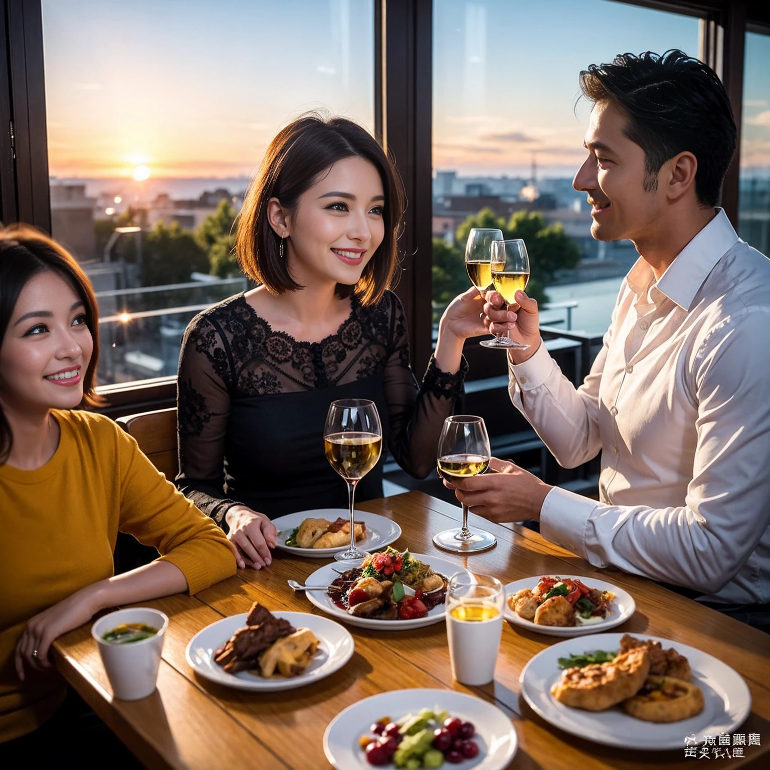 ((Highest quality、8k、masterpiece:1.3))、 (Genuineistic, Genuine、Bright image、Intricate details:1.2), 最高のsmile、1 male, 1 female、Beautiful couple、spouse、Relatives and friends、Good friend、actress couple、smile、Full-course dinner at a packed table、 (Slim face), (the body is slim), (Brown Hair), (short hair), テーブルのwine glass、Please shine a light on my face、 Amazing view of the sunset sky and clouds、 (42 years old)38 years old, red wine 、Appetizers、Wine bottle、sparkling wine、Long sleeve shirt、dress、White wine, red wine, wine glass,