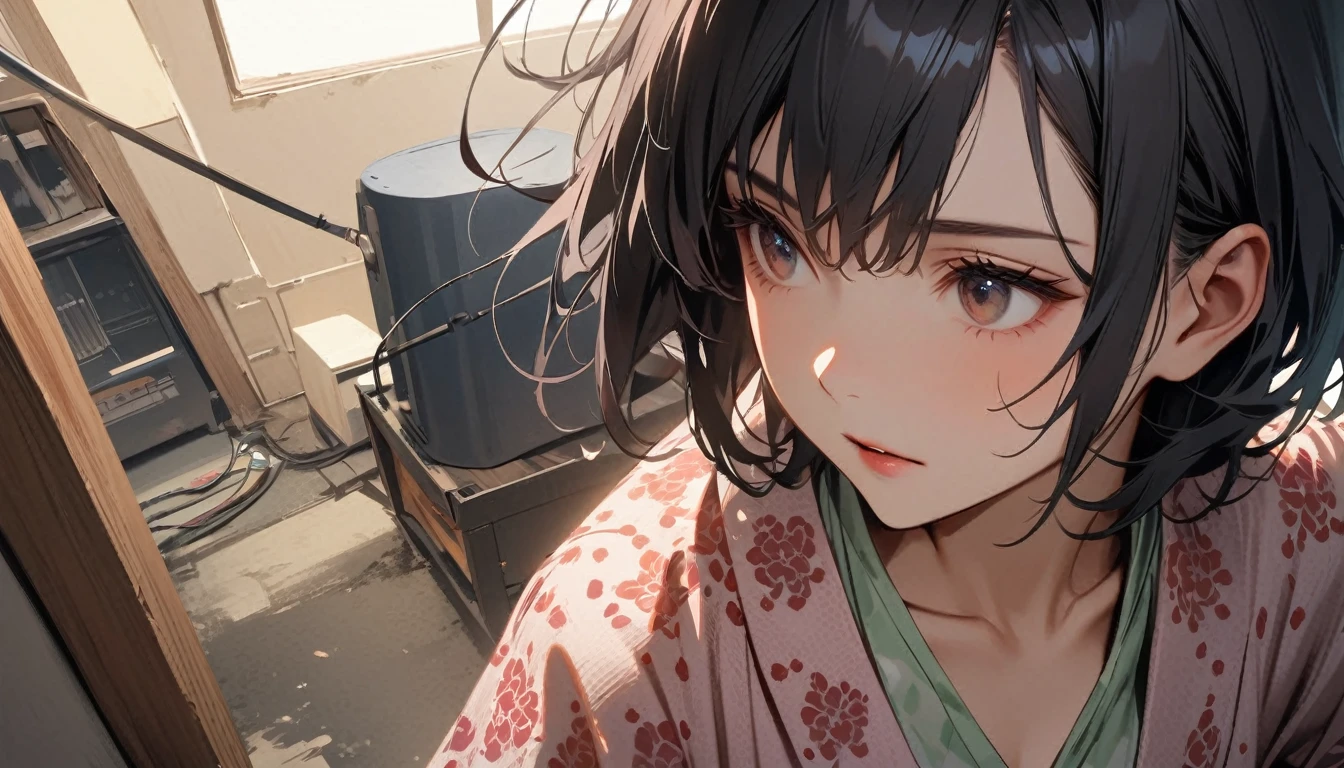 (((shoot from behind))), ((8k of extremely detailed CG unit, Masterpiece, high resolution, highest quality, highest quality real texture skin)), (((Japanese patterned pajamas))), (((POP Room))), (((Relaxing))), ((1 girl)), (Black hair, messy hair, beige skin), (Surreal, digital painting)