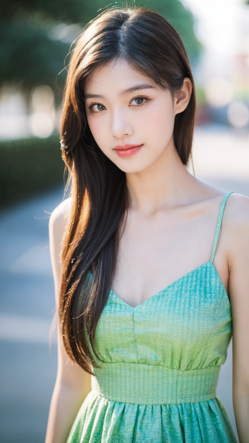((Best quality, 8K, masterpiece:1.3)),1girl,18 years old,Asian,Real texture:1.3,(Background blur:1.1),Gorgeous long dress,Tall and slender figure:1.2,(Hot summer weather),(street:1.3),Highly detailed face and skin textures,Exquisite eyes,Long eyelashes,Double eyelids,Skin Whitening,happy,Various postures