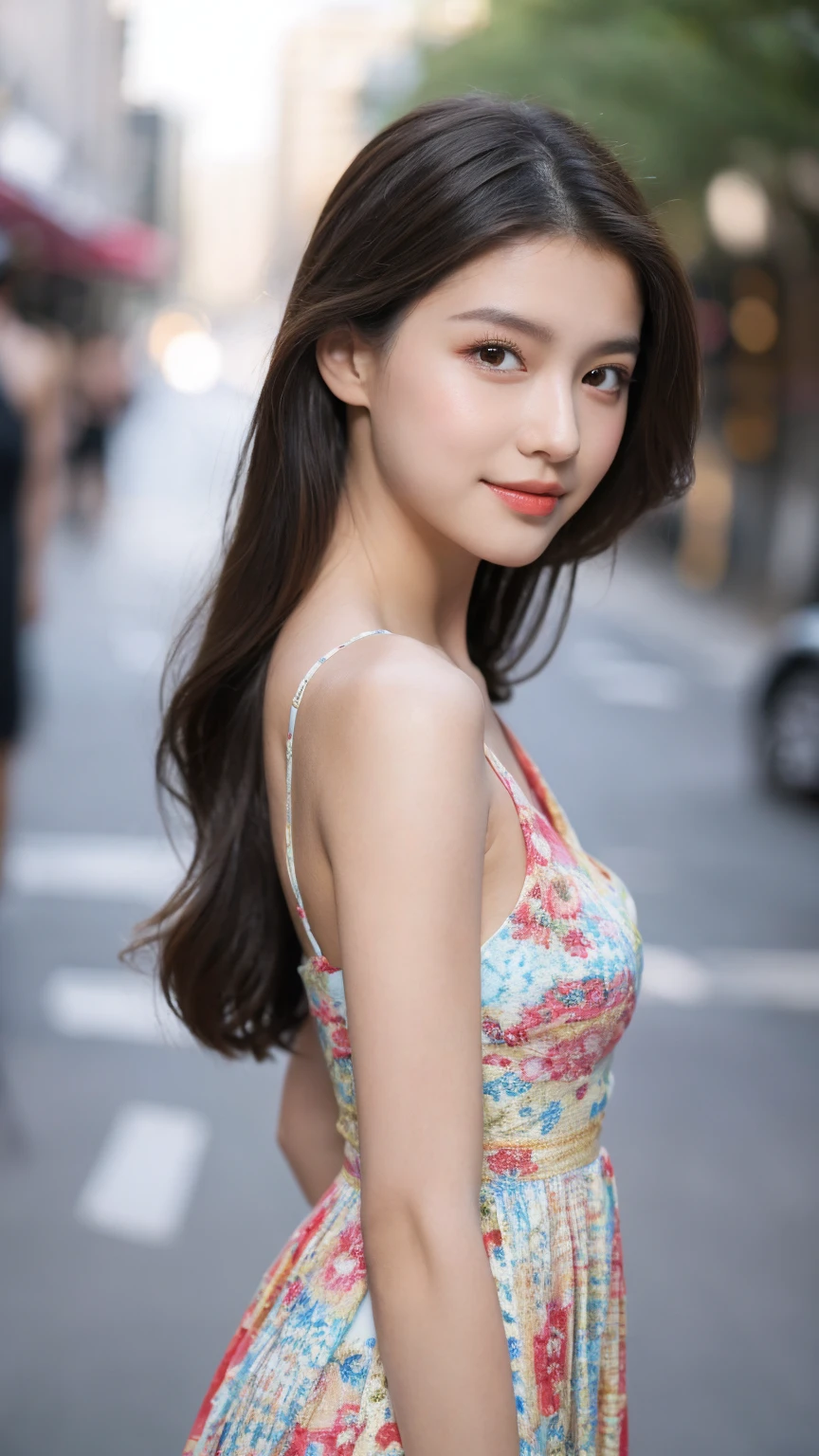 ((Best quality, 8K, masterpiece:1.3))，1girl，18 years old，Asian，Real texture:1.3，(Background blur:1.1)，Gorgeous long dress，Tall and slender figure:1.2，(Hot summer weather)，（street:1.3），Highly detailed face and skin textures，Exquisite eyes，Long eyelashes，Double eyelids，Skin Whitening，happy，Various postures