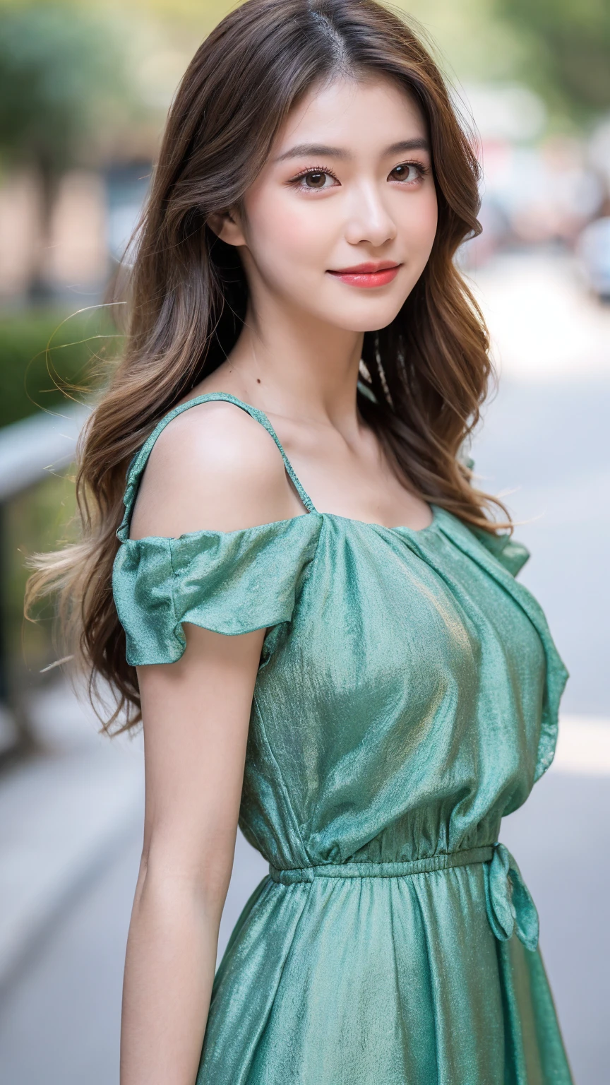 ((Best quality, 8K, masterpiece:1.3)),1girl,18 years old,Asian,Real texture:1.3,(Background blur:1.1),Gorgeous long dress,Tall and slender figure:1.2,(Hot summer weather),(street:1.3),Highly detailed face and skin textures,Exquisite eyes,Long eyelashes,Double eyelids,Skin Whitening,happy,Various postures