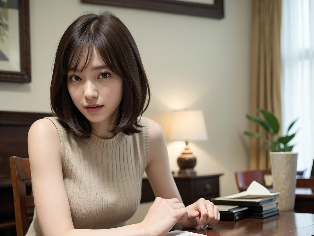 (Sleeveless:1.3) beautiful, thin, Fair Arms Pureeros (super highest quality:1.3) (Very realistic, Realistic:1.3), (Sharp focus:1.3) Pure (Sharp focus:1.3) Wide background々Luxurious living room Bookshelf 3D Beautiful gradients A happy and kind smile Very high quality and stylish See-through bangs Elegant and intelligent Clean and stylish Excellent Education Women's Fashion Magazine model (Realistic and very high quality:1.3). (High resolution/High resolution:1.3) Tabletop, Very delicate and beautiful, Soft Light, (Brown Hair, Shoulder-length straight bob hair) Beautiful detailed girls, Highly detailed eyes and face, beautifully detailed nose, thin and beautiful eyes, 1 girl, Japanese, Pureな beauty, cute, young, Very stylish A spring sweater in spring-like colors Very stylish Supported by women Trending Fashion , (Medium Chest), Realistic Face, Realistic body,
