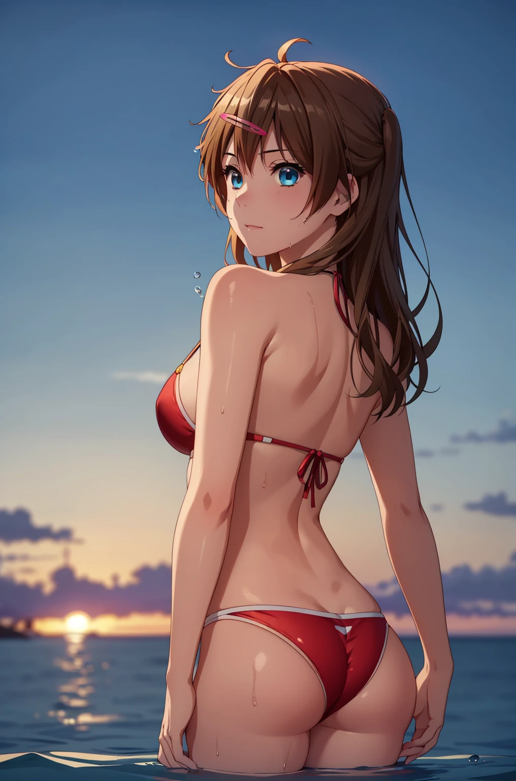((masterpiece, Highest quality, High resolution, UHD, Pixel perfect, Depth of written boundary, 4K, rtx, HDR)), 1 Girl, single, alone, 24-years-old, Beautiful Anime Girls, Beautiful art style, anime character, ((Parted bangs, Brown Hair)), (blue eyes、Round eyes, Delicate eyelashes、Beautiful eyelashes, Perfect Eyes), (Detailed face:1.2), (Smooth texture:0.75, Realistic texture:0.65, Realistic:1.2, Cinematic, Anime CG Style), Perfect body, Ocean:1.3、Moderately good breasts:1.7、Red Micro Bikini Swimsuit:1.8、Visible from the thighs:1.9、Wet、Water Drop、Splash、nsfw、visible from below、Shoulder straps seen from behind
