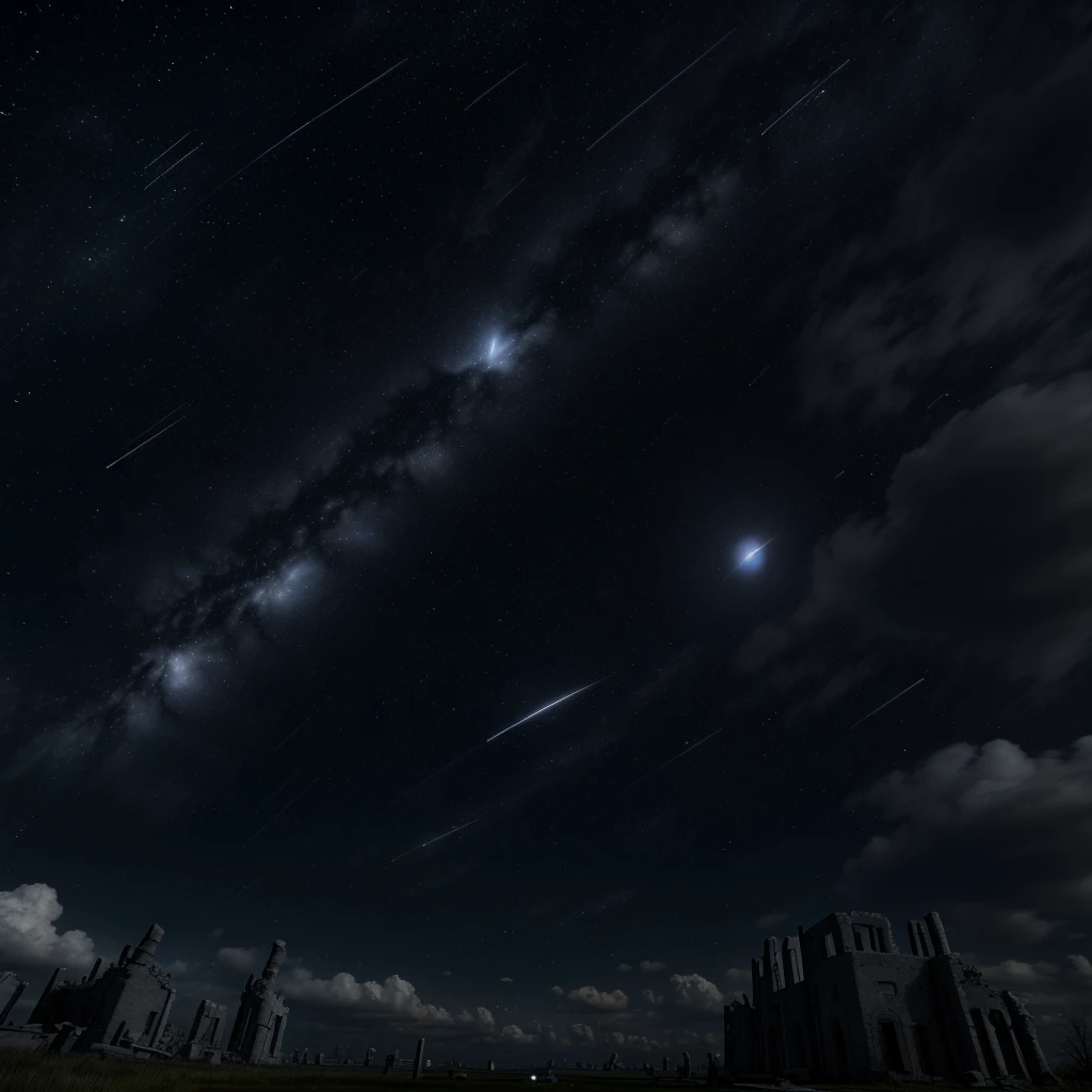dark night sky. A silver sphere exists in the center of the screen. Many airships are flying in the sky. There are ruins.